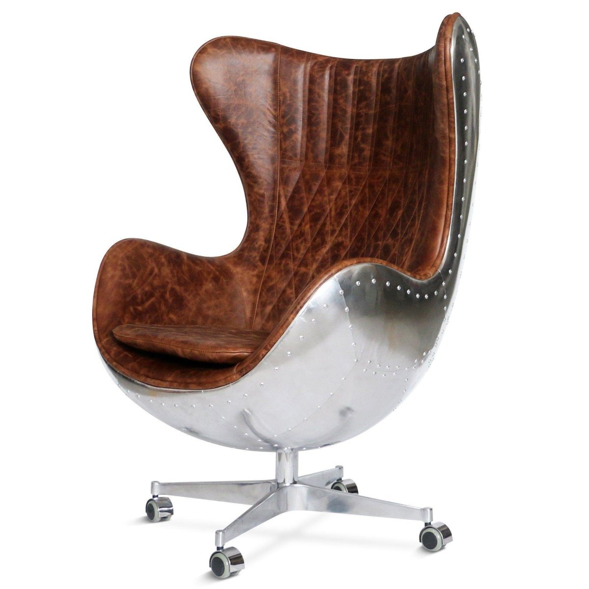 Aviator Office Swan Chair - Casters - Genuine Black Leather - Aluminum